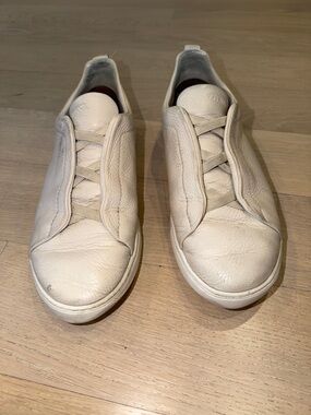 Ermenegildo Zegna Cream Triple Stitch Leather Sneakers